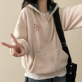 Check lining ribbon fleece hooded zip-up