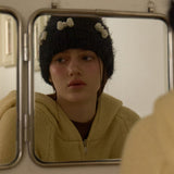 Pearl Ribbon Furry Knit Beanie