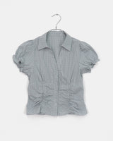 Pique Checkered V-Neck Shirring Puffed Short-Sleeved Blouse