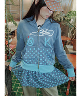 UsocialNight original retro versatile autumn and winter プリントフード付きスウェットシャツ 水玉模様カーテンセット