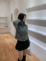 Perry Denim-Layer Cable Knit Long Sleeve Cardigan