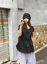 Poly Lace Ribbon Short Sleeve Blouse One Piece