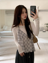 [SHOPPERMADE] シフォンチェックホルターネックスリーブレスブラウス