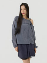 One-shoulder Blanc Ribbon Shirring Detail Top, Charcoal