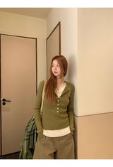 high-neck button bold ribbed loose fit knitwear