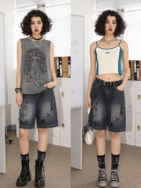 Chemical Girls Retro distressed washed straight-leg five-pocket denim shorts