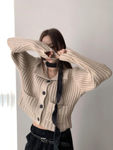 Raffel collar pocket ribbed cardigan