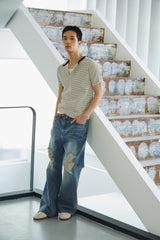 Stripe slim henley neck half t-shirts(Ivory)