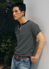 Stripe slim henley neck half t-shirts(Black)