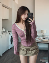 Odd Snap Deep V-Neck Stripe Long Sleeve