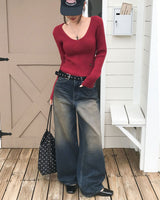 Yami Ribbed Deep V-Neck Knit