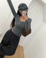 [ORIGINAL] Clock Ribbed Henley Neck Long-Sleeve T-Shirt
