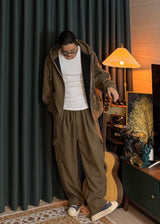 Unisex Couple Golden Hooded Sweatshirt and Cargo Drawstring Pants Set