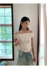 ムード刺繍フライオフショルダーTシャツ