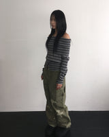 ストライプオフボタンニット
