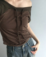 Chenler Striped Off-Shoulder Short-Sleeve T-shirt