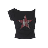 Check Star Off Shoulder T-Shirt 231137997