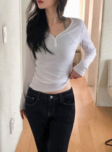 Unbalance Button Slim Rib T-shirt (5color)
