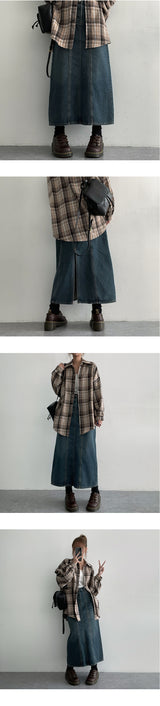 [S~2XL]リビングビンテージインシジョンデニムロングスカート