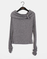 Vision Belt Buckle Shirring Ribbed Off-Shoulder T-Shirt