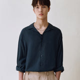 Loose Fit Open Collar Linen Shirt [Navy]