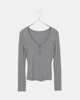 Tsuke Ribbed Button V-Neck Slim-Fit Long Sleeve Tee