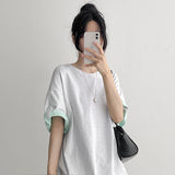 Loose fit💛 Button roll-up color-block short-sleeve tee (6 colors) 