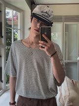 ボニーリネンストライプUネック半袖Tシャツ