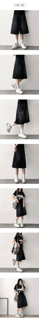 Shumi waistband denim wide Bermuda shorts [Short & basic choice]