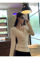 New wear レース Vネック ニット 長袖 Tシャツ