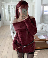 [Wool 25%] Kae Mix Damage Off-Shoulder Knit