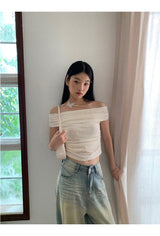 ムード刺繍フライオフショルダーTシャツ