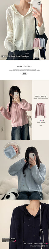 Flow Flower Punched Hooded Knitted Cardigan