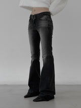 Belted washed bootcut black denim