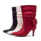 Satin Ribbon Boots Heel(Red)