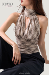 Shphone check holder neck mint-sleeved blouse Top 