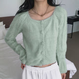 Luwan Fluffy Angora Square Neck Knit Cardigan