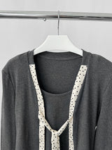 Fake two-piece dot lace-up long-sleeved shirt