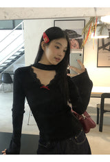 Choker V-neck Lace V-neck Long Sleeve T-shirt