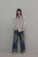 Lettering sleeve striped shirt - Beige