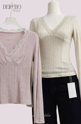 Daisy V-neck Lace Long Sleeve T-shirt