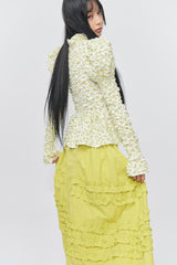 Flower Pattern Crease Ruffle Blouse Yellow