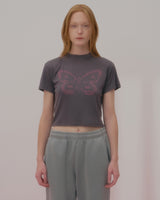 テキストバタフライクロップTシャツ-CHARCOAL
