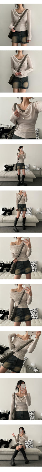 Lean Shirring Unbalanced Long Sleeve T-shirt
