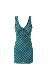 EVERGREENTY CHECK RIBBON MINI DRESS