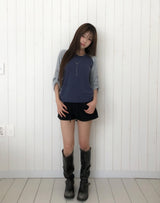 Pocky Check Button Roll-up Raglan Long Sleeve