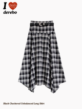 Black Checkered Unbalanced Long Skirt