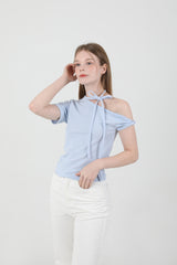 Off Shoulder Twist Half-Sleeve T-shirt Sky Blue