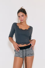 Sweetie Lace Trim 3/4 Sleeve Tee (Charcoal)