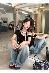 Black Stitch Unbalanced Off-Shoulder Strap Short Sleeve T-Shirt